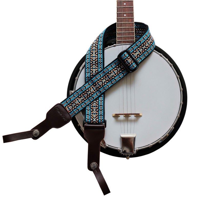 MUSIC FIRST Original Design, 2 inch width (5cm), Colorful Meshbelt & Genuine Leather Delux Banjo Strap, With 2 pieces of MUSIC FIRST Leather Strap Locker. (Blue Country Style) - Image 1